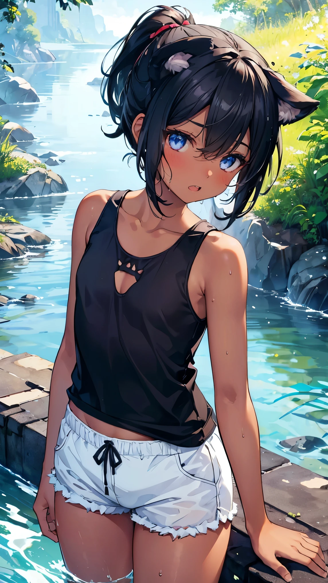 ,girl,Highest quality,Black Hair,Sunburn,blue eyes,Brown skin,Dark Skin,Very short hair,ponytail,Cat Eyes,Dog ears,Dog tail,Double teeth,Flat Chest,White tank top,Shorts,Wet with water,Clear Stream,small,river,Water Play,,