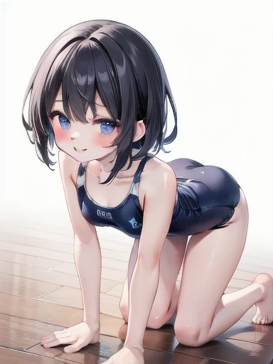 Ultra-high resolution、high resolution、Highest quality、Entire foot and hand、Full Finger、Beautiful woman、1 person、smile、Very Short Hair、White swimsuit、sprawl、On all fours