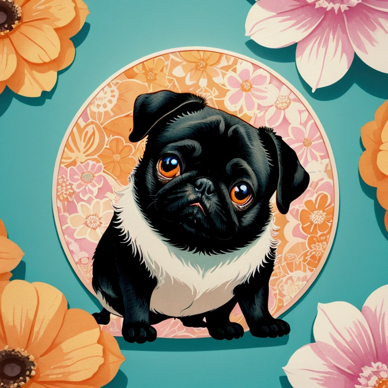 STICKER, A detailed illustration a print of vivid cute Black Pug head, fantasy flowers splash, vintage t-shirt design, in the style of Studio Ghibli, white and orange flora pastel tetradic colors, 3D vector art, cute and quirky, fantasy art, watercolor effect, bokeh, Adobe Illustrator, hand-drawn, digital painting, low-poly, soft lighting, bird's-eye view, isometric style, retro aesthetic, focused on the character, 4K resolution, photorealistic rendering, using Cinema 4D