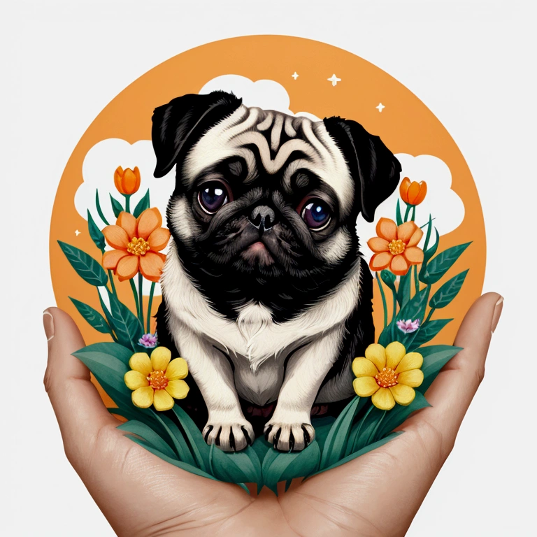 STICKER, A detailed illustration a print of vivid cute Black Pug head, fantasy flowers splash, vintage t-shirt design, in the style of Studio Ghibli, white and orange flora pastel tetradic colors, 3D vector art, cute and quirky, fantasy art, watercolor effect, bokeh, Adobe Illustrator, hand-drawn, digital painting, low-poly, soft lighting, bird's-eye view, isometric style, retro aesthetic, focused on the character, 4K resolution, photorealistic rendering, using Cinema 4D