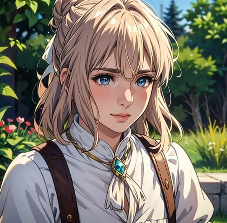 character close up, , female character, close up character, portrait knight female, with smirk, 8k portrait render, blush on, beautiful grey eyes, Blonde hair, make up, Beautiful 18 year old woman, White bard dress, White Lute, black moon hair ornaments, pale white skin,realistic restored face, accurate detailed face, accurate facial details, 8k highly detailed face,, Full white attire color, Messy hair, Messy bun