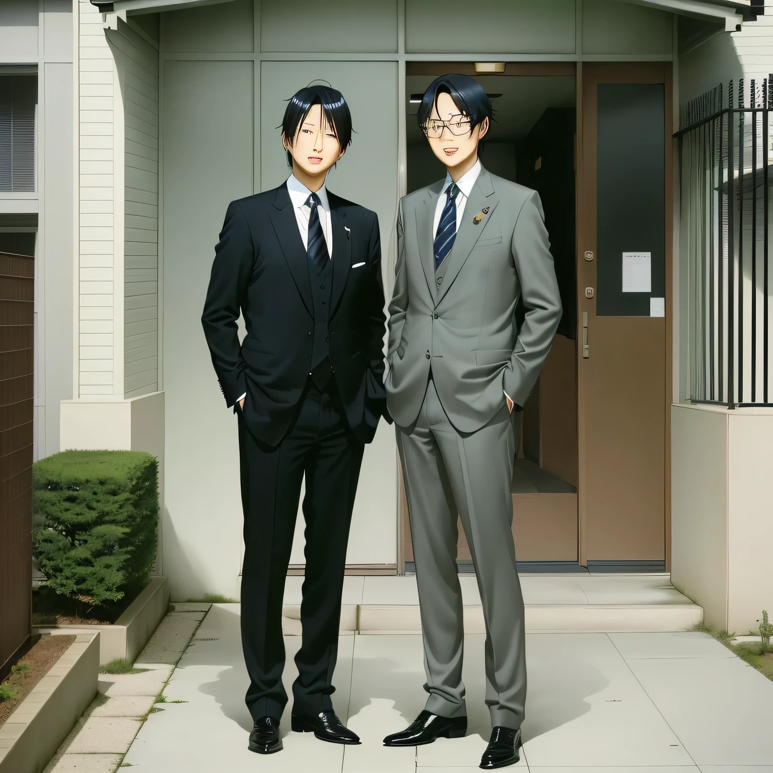 Two men in suits standing side by side in front of a building, junji ito and horiyoshi iii, Jiro Matsumoto and Yusuke Murata, Sachet and Akihiko Yoshida, Katsuhiro and Inio Asano, Shinji Higuchi and Tomoki Kyoda, Zane Chin and Katsuya Terada
