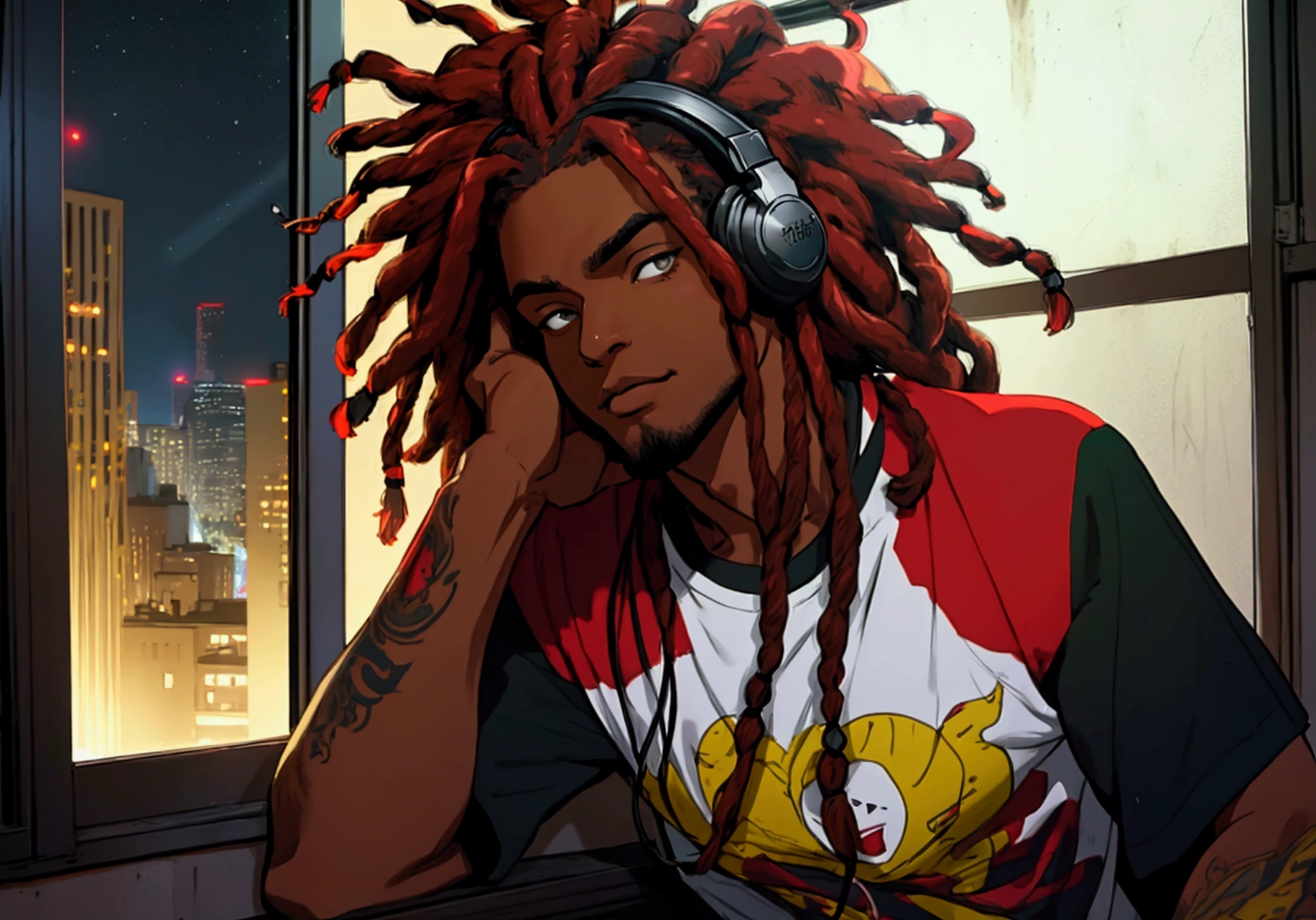 vintage anime t-shirt design, um homem afro-americano com dreadlock, a pair of headphones, in your room facing the window, looking at the dark night, illuminated by city LEDs, (extremely detailed face and body), swirly vibrant colors, (portraite), red color tone, dramatic lighting, (best qualityer, ultra detali, highres), realisitic, the bedroom window shows the night.