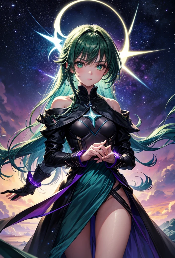 (Dramatic light), (ultra detail body), in horizon, blue, purple starry, Detail sharp face, 1 girl, handsone, 20 yo, short green hair, pony between eyes, green eyes, galaxy, starry night, a traveler, magical, astral view, black cloth, dark green coat, anime art