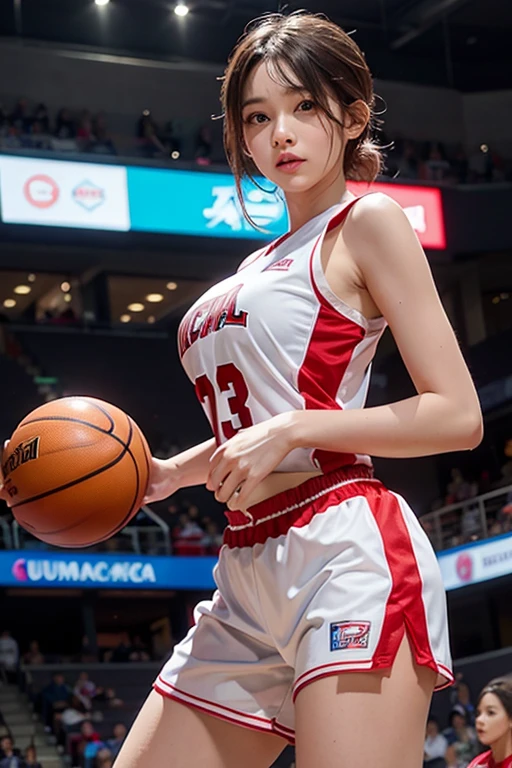 4K，masterpiece，High resolution，Very complicated，Realistically，((Sweaty 1.5))，((Shiny skin 1.5))， whole body，Summer noon， Play basketball，Basketball Pose，Basketball Uniform，Thighs， 1990s\（style\），White skin，(Sweaty cleavage 1.2)， (Highest quality), (High resolution), (Extremely delicate and beautiful),Beautiful 8k face,(Brown eyes),(Beautiful breasts),(Basketball Sportswear),((Play basketball)),((Basketball court background)),， closeup cleavage，Highest quality， RAW Photos， Realistically， Cute face， Buatigarh， Adorable， Pink shorthair， Depth of written boundary， Super detailed， Cinema Lighting