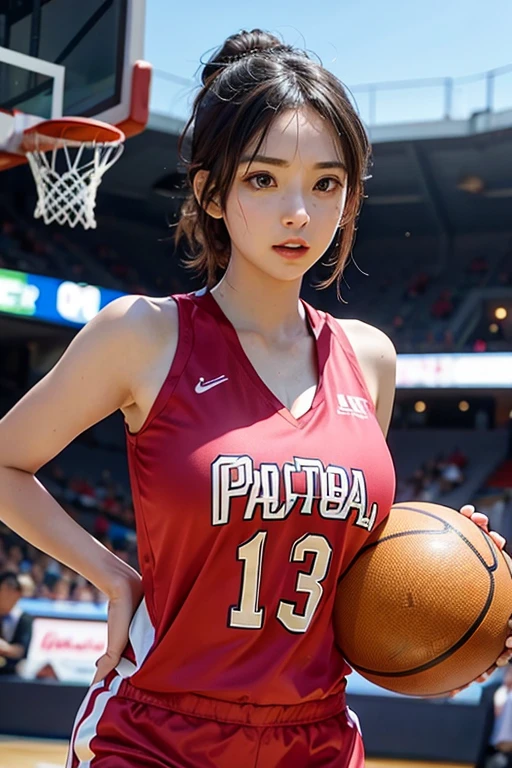 4K，masterpiece，High resolution，Very complicated，Realistically，((Sweaty 1.5))，((Shiny skin 1.5))， whole body，Summer noon， Play basketball，Basketball Pose，Basketball Uniform，Thighs， 1990s\（style\），White skin，(Sweaty cleavage 1.2)， (Highest quality), (High resolution), (Extremely delicate and beautiful),Beautiful 8k face,(Brown eyes),(Beautiful breasts),(Basketball Sportswear),((Play basketball)),((Basketball court background)),， closeup cleavage，Highest quality， RAW Photos， Realistically， Cute face， Buatigarh， Adorable， Pink shorthair， Depth of written boundary， Super detailed， Cinema Lighting