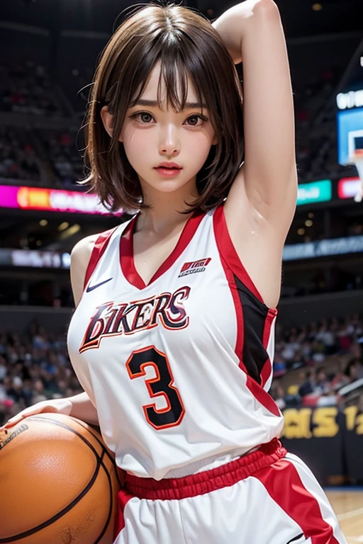 4K，masterpiece，High resolution，Very complicated，Realistically，((Sweaty 1.5))，((Shiny skin 1.5))， whole body，Summer noon， Play basketball，Basketball Pose，Basketball Uniform，Thighs， 1990s\（style\），White skin，(Sweaty cleavage 1.2)， (Highest quality), (High resolution), (Extremely delicate and beautiful),Beautiful 8k face,(Brown eyes),(Beautiful breasts),(Basketball Sportswear),((Play basketball)),((Basketball court background)),， closeup cleavage，Highest quality， RAW Photos， Realistically， Cute face， Buatigarh， Adorable， Pink shorthair， Depth of written boundary， Super detailed， Cinema Lighting