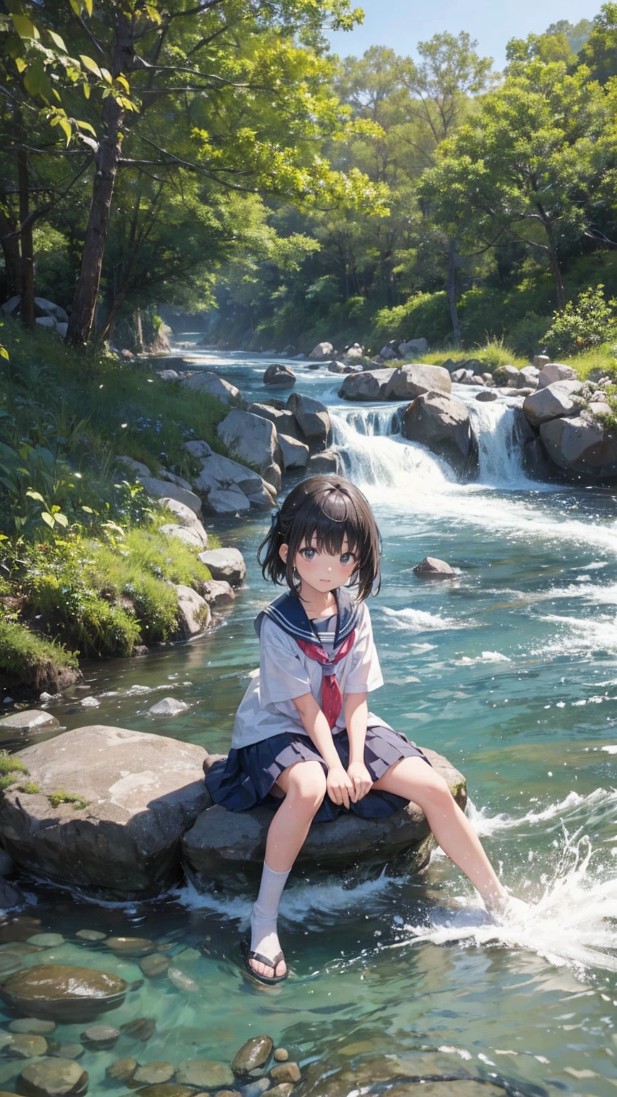 Playing in the flowing river、A very cute 11-year-old elementary school girl