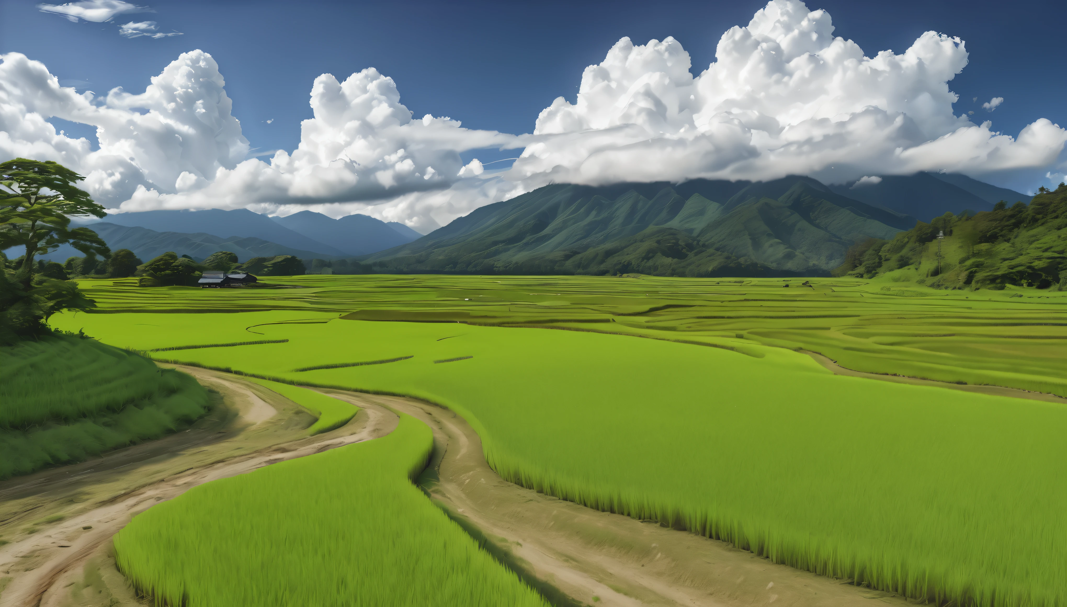 a peaceful rural japanese landscape, lush green rice fields, winding dirt paths, summer day, clear skies, towering cumulus clouds, midday sunlight, (best quality,4k,8k,highres,masterpiece:1.2),ultra-detailed,(realistic,photorealistic,photo-realistic:1.37),HDR,UHD,studio lighting,vivid colors,professional