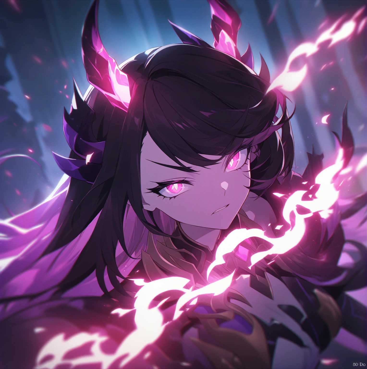 anime girl with horns and glowing eyes in a dark room, must tear from the overlord, irelia, demon anime girl, best 4k konachan anime wallpaper, 4K anime-style, Will destroy the Bloodfallen, KDA, dos arknights, irelia from League of Legends, 坏蛋动漫8 K, from League of Legends
