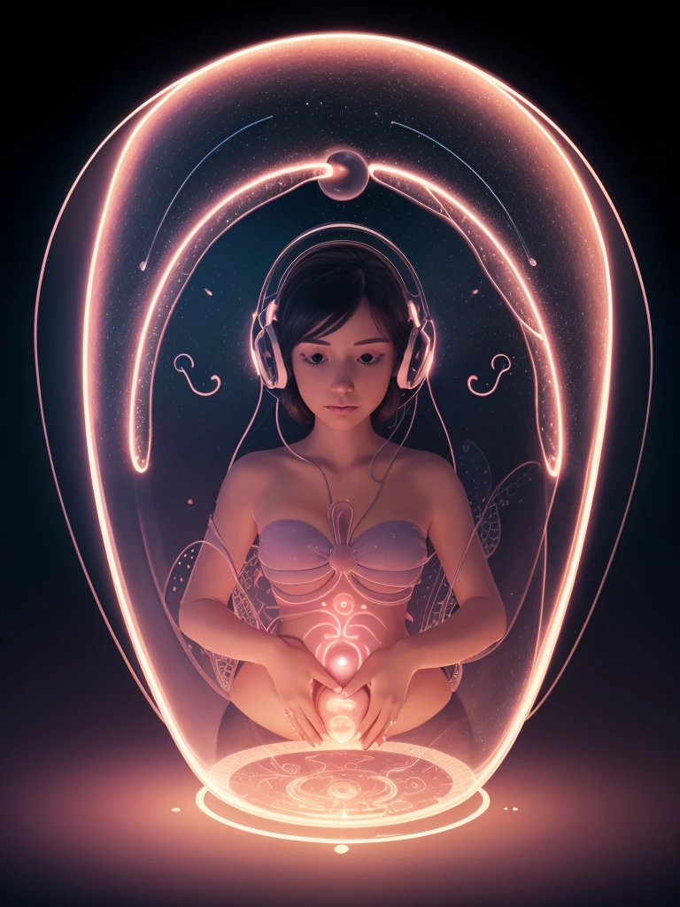 Illustration of a fetus inside a futuristic womb-like device with a glowing light. Add a subtle outline or silhouette of a woman to represent motherhood. Include stylized sperm cells near the woman to indicate the process of fertilization. Use soft pastel colors for the background, and maintain a gentle and respectful tone."