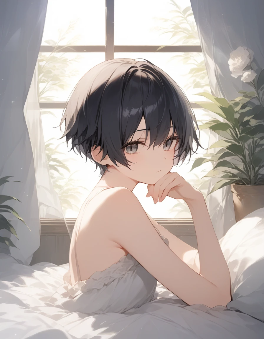 score_9, score_8_up, score_7_up, source_anime, best quality, masterpiece, official art, absurdres, highres, ultra-detailed,waifu2x,JAV Cover,break,1girl, tomboy, idol girl, very short hair, pixie cut, small breasts, beautiful detailed eyes, expressionless, sleepily, indoors, on bed, break,(clear line illustration:1.2), super detailed skin,very high resolution, very aesthetic, Best sexual lighting powered by famous artist, 8k,cute picture,beauty illustration,photoshop_(medium),,(Detailed Lighting),best anime 8k konachan wallpaper, pixiv contest winner,