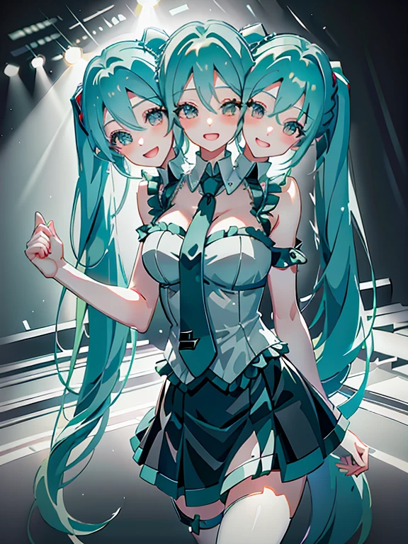 (Masterpiece, best quality), best resolution, (2 heads:1.5), 1 woman, Hatsune Miku, aqua hair, twin tail, long hair, tear, open mouth, smile, be happy, sing, Dancing, White sleeveless shirt, Aqua necktie, black skirt, Arms separated, concert stage