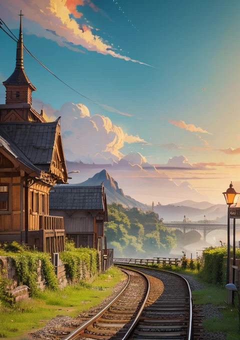 There is a beauty standing on the train tracks, with signs, landscape artwork, anime background art, loepfe art, detailed scenery – width 672, landscape art detailed, loepfe art style, beautiful anime landscape, made with anime painter studio, background artwork, anime country landscape, beautiful art UHD 4 K, anime art wallpaper 8 K, anime landscape