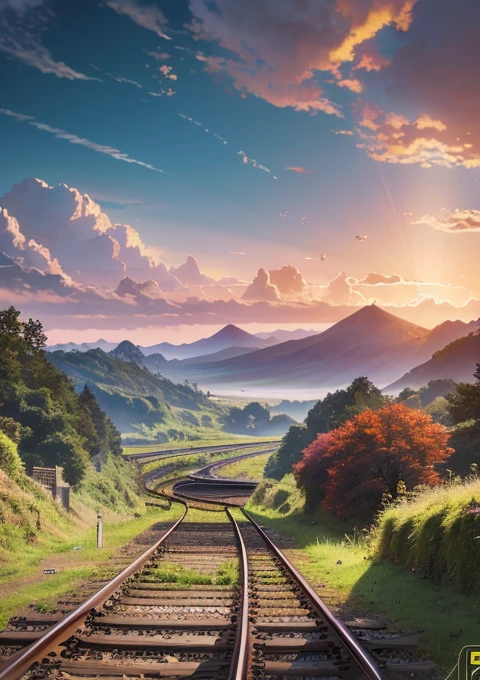 There is a beauty standing on the train tracks, with signs, landscape artwork, anime background art, loepfe art, detailed scenery – width 672, landscape art detailed, loepfe art style, beautiful anime landscape, made with anime painter studio, background artwork, anime country landscape, beautiful art UHD 4 K, anime art wallpaper 8 K, anime landscape