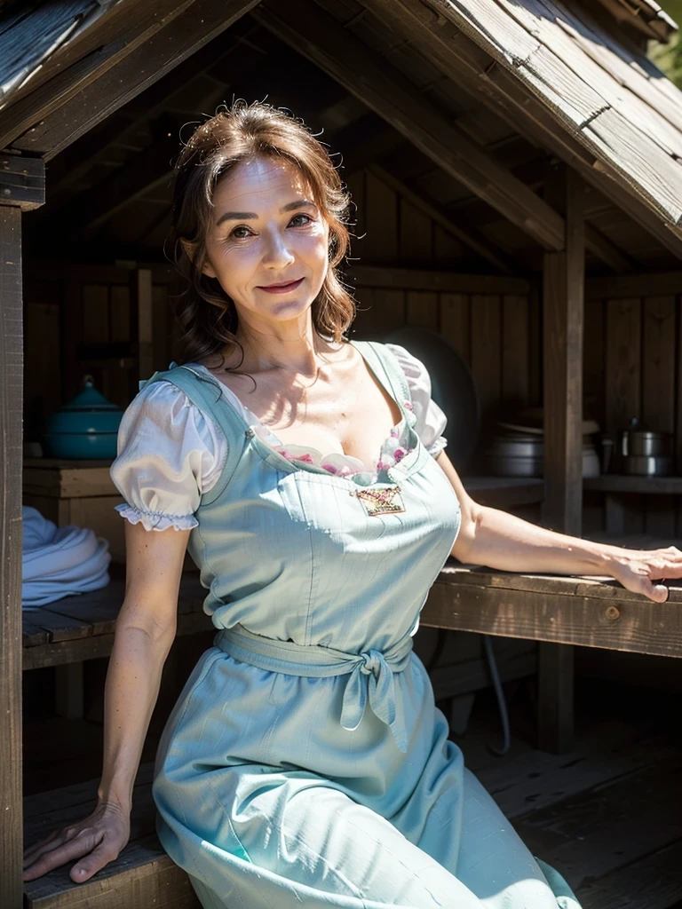 (masterpiece:1.4),(Beautiful 68 year old woman:1.5),(Facial wrinkles : 1.2),(traditional dirndl : 1.2), (plump body : 1), white skin, pores, skin blemishes, dull skin, gentle smile, wavy hair, large saggy breasts, (hanging breasts), limp breasts, soft breasts, flabby breasts, flexible breasts, in a shed, detailed backgrounds,