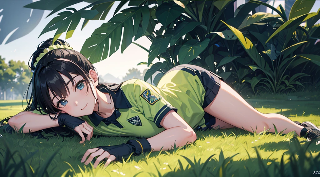 (8k、Ultra-high resolution、Highest quality、masterpiece、Ultra-high resolution,Super detailed,Perfect lighting),Highly detailed facial features,A girl with a ponytail wearing a light green soccer uniform smiling at the viewer on a school ground in the evening,Blue Scrunchie,Blue socks,Black Hair,Best Shadow, Beautiful and perfect face, Perfect Eyes,whole body