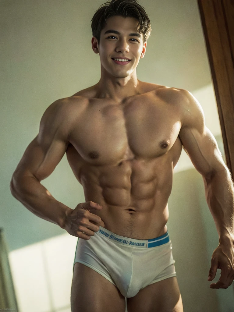 ((masterpiece)), ((best quality)), ((high resolution)), ((Detailed background)), ((Extremely detailed CG unified 8k wallpaper)), alone, Young men,white hair,short hair,Smile,thin waist，6-pack abs，sexly pectoral muscles,sexly, Thin stature,detailed body, The perspective is viewed from the bottom up ,