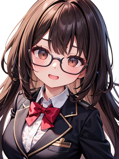 1 female、Brown haired(like)、Brown eyes、Black-rimmed glasses、Highest quality、Ultra-detailed、8k resolution、RAW Photos、Tabletop、Gorgeous face、Perfect body、Laughter、Blazer Uniform