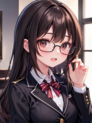 1 female、Brown haired(like)、Brown eyes、Black-rimmed glasses、Highest quality、Ultra-detailed、8k resolution、RAW Photos、Tabletop、Gorgeous face、Perfect body、Laughter、Blazer Uniform