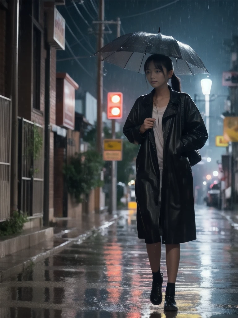 A girl with a ponytail walks home in the rain
