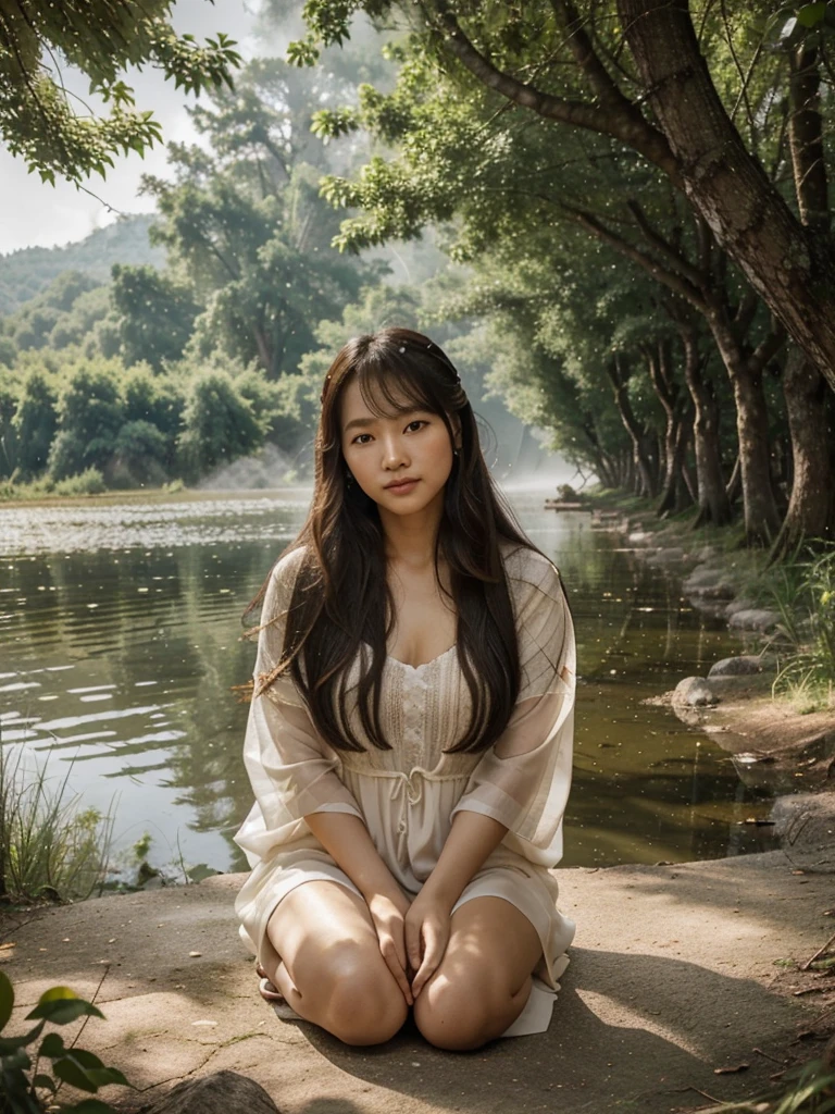 Professional photography of a long-haired Korean woman wearing long luxurious loose-fitting dresses, high-rise sandals, posing with her head resting on her knees by the lake with a peaceful forest view in the morning. Sunlight penetrated the dense canopy of trees, emitting golden light that illuminated the misty atmosphere. Warm orange sunlight radiates beautifully from the sun hidden behind the dense trees, reflecting on the calm water below, creating a mirror effect. Fishing boats, doves circling above them, Mountains with their lush green trees standing tall and majestic from a distance, charming posts facing the camera , healing smile,