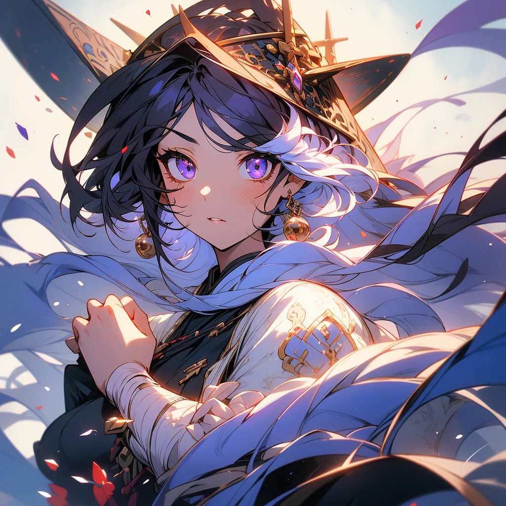 1girl, 独奏, Looking at viewer, JUJUTSU KAİSEN, Purple eyes, Black hair, Puple hightlights, Absurdly Long Hair,
### **Aiko Kurokawa (Aiko Kurokawa) - Detailed Appearance**
#### **Hair:**
- **Farbe:** Midnight black with subtle dark purple highlights that shimmer under light.
- **Style:** Long and flowing, often styled in a half-up, half-down look. The upper half is secured with traditional, ornate hairpins, giving her a timeless and elegant appearance. The lower half cascades down her back, slightly wavy, adding a soft and ethereal touch to her overall look.
- **Hairpins:** The hairpins are intricate, adorned with small charms and beads that reflect her connection to both her past life and her current one. These hairpins also serve as a nod to her heritage and traditional Japanese aesthetics.
#### **eyes:**
- **Farbe:** Piercing violet eyes.
- **Expression:** Her eyes are striking and seem to hold the wisdom and sorrow of her past life. They are often the first feature people notice, drawing others in with their depth and intensity.
- **Makeup:** She wears minimal makeup, with a focus on accentuating her natural beauty. A light touch of eyeliner and mascara emphasizes her eye shape, and a subtle hint of purple eyeshadow complements her eye color.
#### **Facial Features:**
- **complexion:** Aiko has a fair and smooth complexion, with a hint of warmth. Her skin is flawless, giving her an almost otherworldly appearance.
- **Features:** She has delicate and refined features, with high cheekbones, a straight nose, and a softly curved jawline. Her lips are naturally rosy, often with a gentle smile that conveys her compassionate nature.
###**Clothing**
she wears a dark purple kimono with intricate red and black embroidery, paired with black thigh high socks and black zori she also wears a lace wedding veil to match her kimono, An amethyst pendant around her neck, a memento from her previous life, and a set of prayer beads wrapped around her wrist.
