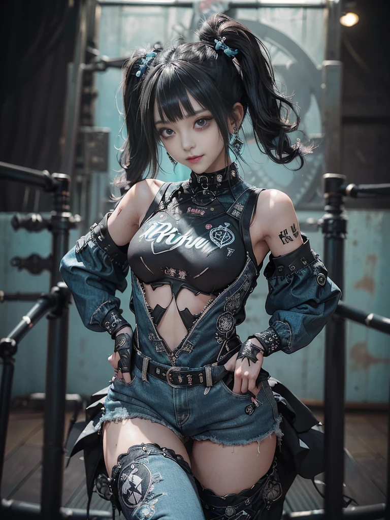 (Full Body View:1.2)、(Full body:1.3)、(Smiling with teeth showing:1.3),(Shibuya Gal:1.5)、(Gothic Lolita style fashion:1.5)、(Punk RockVisual Kei:1.5)、(Wearing a rhythmic gymnastics bodysuit with intricate details:1.4)、(Racing suit and pants with intricate turquoise, denim and charcoal decorations:1.5)、(Denim and light blue and turquoise boots:1.3)、((belt))、(Numerous delicate logo marks all over the costume:1.4)、(collar:1.3)、(Polka dot underwear:1.5)、20-year-old、NSFW、((Highest quality、In 8K、masterpiece:1.3))、Sharp focus:1.2、(Layered Cut、Huge boobs:1.1),Beautiful woman with perfect figure:1.4、(do a gravure pose:1.3)、Slender Abs:1.2、Highly detailed face and skin texture、Detailed eyes、double eyelid,(Twin tails:1.3)、(Black brown hair:1.3)、Gravure idol、(The background is the stage of the fashion show:1.3)、(Slim Body:1.3),(Make your legs thinner:1.4),（clavicle:1.1）