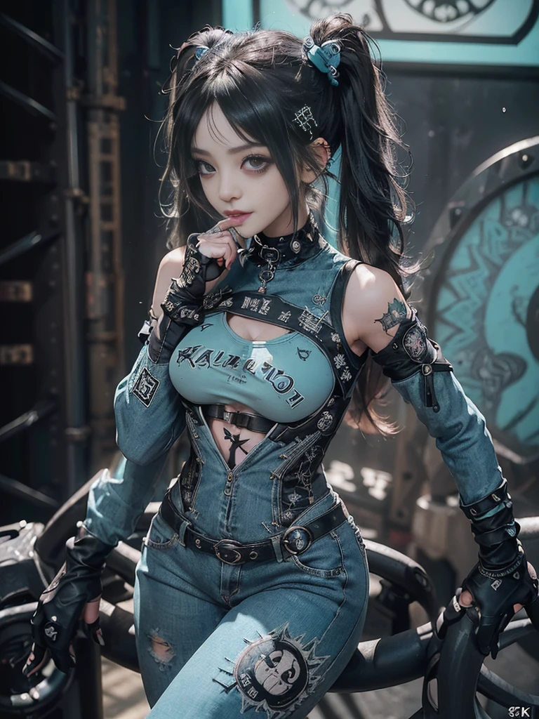 (Full Body View:1.2)、(Full body:1.3)、(Smiling with teeth showing:1.3),(Shibuya Gal:1.5)、(Gothic Lolita style fashion:1.5)、(Punk RockVisual Kei:1.5)、(Wearing a rhythmic gymnastics bodysuit with intricate details:1.4)、(Racing suit and pants with intricate turquoise, denim and charcoal decorations:1.5)、(Denim and light blue and turquoise boots:1.3)、((belt))、(Numerous delicate logo marks all over the costume:1.4)、(collar:1.3)、(Polka dot underwear:1.5)、20-year-old、NSFW、((Highest quality、In 8K、masterpiece:1.3))、Sharp focus:1.2、(Layered Cut、Huge boobs:1.1),Beautiful woman with perfect figure:1.4、(do a gravure pose:1.3)、Slender Abs:1.2、Highly detailed face and skin texture、Detailed eyes、double eyelid,(Twin tails:1.3)、(Black brown hair:1.3)、Gravure idol、(The background is the stage of the fashion show:1.3)、(Slim Body:1.3),(Make your legs thinner:1.4),（clavicle:1.1）