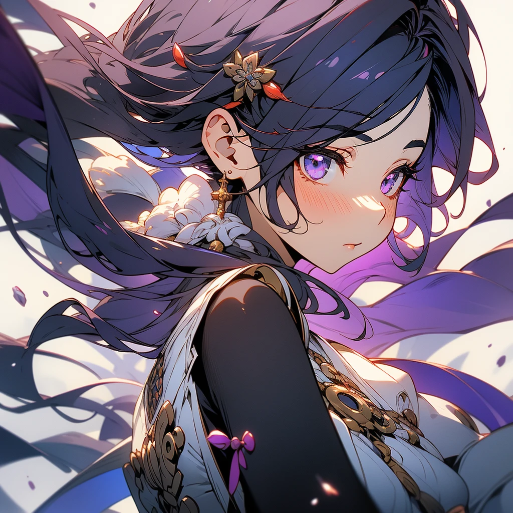 1girl, 独奏, Looking at viewer, JUJUTSU KAİSEN, Purple eyes, Black hair, Puple hightlights, Absurdly Long Hair,
### **Aiko Kurokawa (Aiko Kurokawa) - Detailed Appearance**
#### **Hair:**
- **Farbe:** Midnight black with subtle dark purple highlights that shimmer under light.
- **Style:** Long and flowing, often styled in a half-up, half-down look. The upper half is secured with traditional, ornate hairpins, giving her a timeless and elegant appearance. The lower half cascades down her back, slightly wavy, adding a soft and ethereal touch to her overall look.
- **Hairpins:** The hairpins are intricate, adorned with small charms and beads that reflect her connection to both her past life and her current one. These hairpins also serve as a nod to her heritage and traditional Japanese aesthetics.
#### **eyes:**
- **Farbe:** Piercing violet eyes.
- **Expression:** Her eyes are striking and seem to hold the wisdom and sorrow of her past life. They are often the first feature people notice, drawing others in with their depth and intensity.
- **Makeup:** She wears minimal makeup, with a focus on accentuating her natural beauty. A light touch of eyeliner and mascara emphasizes her eye shape, and a subtle hint of purple eyeshadow complements her eye color.
#### **Facial Features:**
- **complexion:** Aiko has a fair and smooth complexion, with a hint of warmth. Her skin is flawless, giving her an almost otherworldly appearance.
- **Features:** She has delicate and refined features, with high cheekbones, a straight nose, and a softly curved jawline. Her lips are naturally rosy, often with a gentle smile that conveys her compassionate nature.
###**Clothing**
she wears a dark purple kimono with intricate red and black embroidery, paired with black thigh high socks and black zori she also wears a lace wedding veil to match her kimono, An amethyst pendant around her neck, a memento from her previous life, and a set of prayer beads wrapped around her wrist.