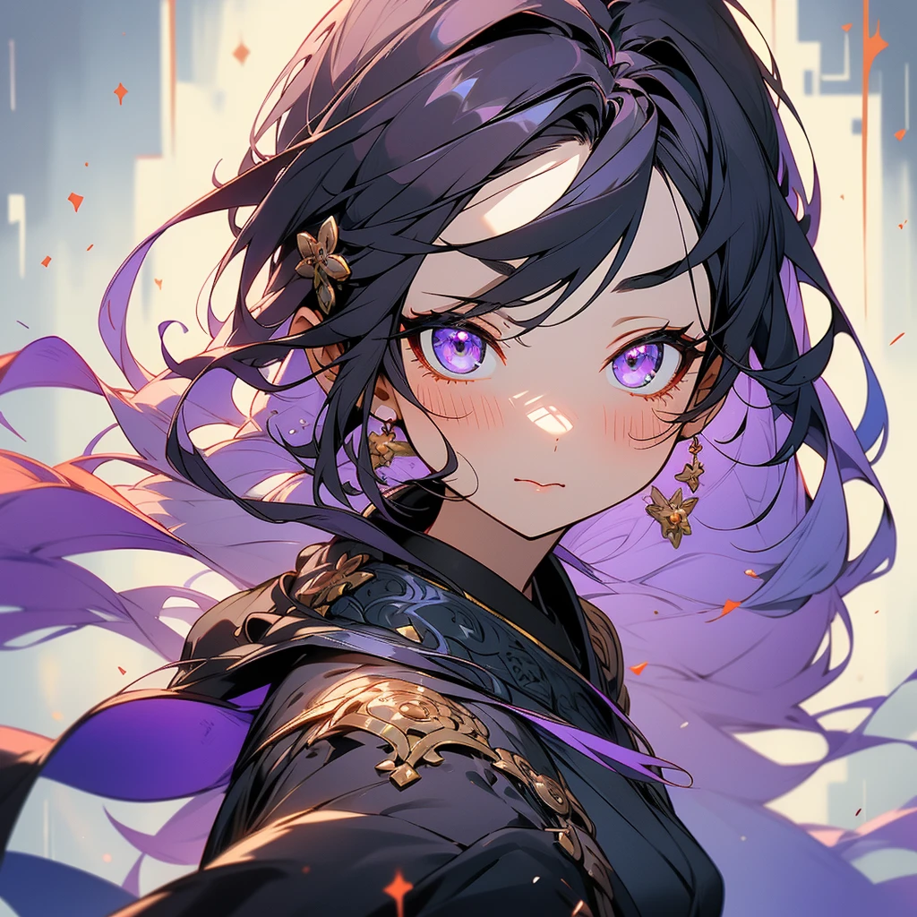 1girl, 独奏, Looking at viewer, JUJUTSU KAİSEN, Purple eyes, Black hair, Puple hightlights, Absurdly Long Hair,
### **Aiko Kurokawa (Aiko Kurokawa) - Detailed Appearance**
#### **Hair:**
- **Farbe:** Midnight black with subtle dark purple highlights that shimmer under light.
- **Style:** Long and flowing, often styled in a half-up, half-down look. The upper half is secured with traditional, ornate hairpins, giving her a timeless and elegant appearance. The lower half cascades down her back, slightly wavy, adding a soft and ethereal touch to her overall look.
- **Hairpins:** The hairpins are intricate, adorned with small charms and beads that reflect her connection to both her past life and her current one. These hairpins also serve as a nod to her heritage and traditional Japanese aesthetics.
#### **eyes:**
- **Farbe:** Piercing violet eyes.
- **Expression:** Her eyes are striking and seem to hold the wisdom and sorrow of her past life. They are often the first feature people notice, drawing others in with their depth and intensity.
- **Makeup:** She wears minimal makeup, with a focus on accentuating her natural beauty. A light touch of eyeliner and mascara emphasizes her eye shape, and a subtle hint of purple eyeshadow complements her eye color.
#### **Facial Features:**
- **complexion:** Aiko has a fair and smooth complexion, with a hint of warmth. Her skin is flawless, giving her an almost otherworldly appearance.
- **Features:** She has delicate and refined features, with high cheekbones, a straight nose, and a softly curved jawline. Her lips are naturally rosy, often with a gentle smile that conveys her compassionate nature.
###**Clothing**
she wears a dark purple kimono with intricate red and black embroidery, paired with black thigh high socks and black zori she also wears a lace wedding veil to match her kimono, An amethyst pendant around her neck, a memento from her previous life, and a set of prayer beads wrapped around her wrist.