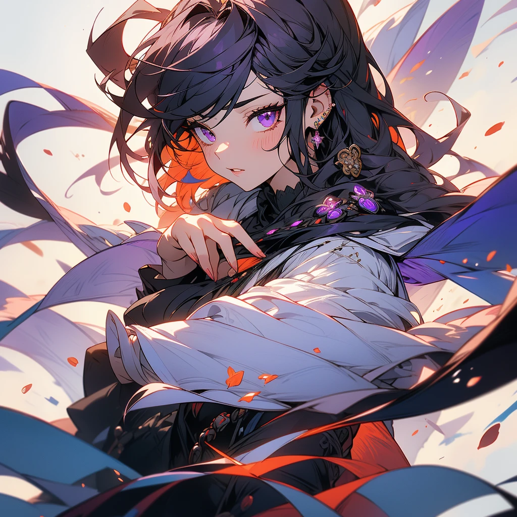 1girl, 独奏, Looking at viewer, JUJUTSU KAİSEN, Purple eyes, Black hair, Puple hightlights, Absurdly Long Hair,
### **Aiko Kurokawa (Aiko Kurokawa) - Detailed Appearance**
#### **Hair:**
- **Farbe:** Midnight black with subtle dark purple highlights that shimmer under light.
- **Style:** Long and flowing, often styled in a half-up, half-down look. The upper half is secured with traditional, ornate hairpins, giving her a timeless and elegant appearance. The lower half cascades down her back, slightly wavy, adding a soft and ethereal touch to her overall look.
- **Hairpins:** The hairpins are intricate, adorned with small charms and beads that reflect her connection to both her past life and her current one. These hairpins also serve as a nod to her heritage and traditional Japanese aesthetics.
#### **eyes:**
- **Farbe:** Piercing violet eyes.
- **Expression:** Her eyes are striking and seem to hold the wisdom and sorrow of her past life. They are often the first feature people notice, drawing others in with their depth and intensity.
- **Makeup:** She wears minimal makeup, with a focus on accentuating her natural beauty. A light touch of eyeliner and mascara emphasizes her eye shape, and a subtle hint of purple eyeshadow complements her eye color.
#### **Facial Features:**
- **complexion:** Aiko has a fair and smooth complexion, with a hint of warmth. Her skin is flawless, giving her an almost otherworldly appearance.
- **Features:** She has delicate and refined features, with high cheekbones, a straight nose, and a softly curved jawline. Her lips are naturally rosy, often with a gentle smile that conveys her compassionate nature.
###**Clothing**
she wears a dark purple kimono with intricate red and black embroidery, paired with black thigh high socks and black zori she also wears a lace wedding veil to match her kimono, An amethyst pendant around her neck, a memento from her previous life, and a set of prayer beads wrapped around her wrist.