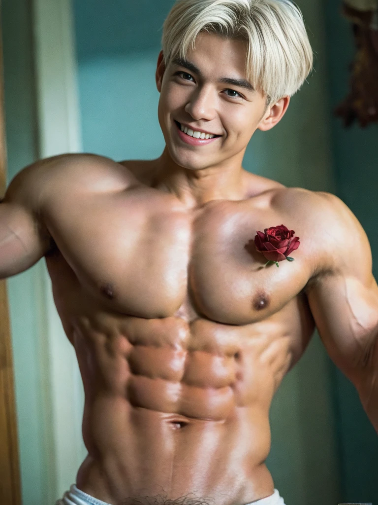 ((masterpiece)), ((best quality)), ((high resolution)), ((Detailed background)), ((Extremely detailed CG unified 8k wallpaper)), alone, Young men,white hair,short hair,Smile,thin waist,6-pack abs,sexly pectoral muscles,sexly, Thin stature,detailed body, The perspective is viewed from the bottom up ,