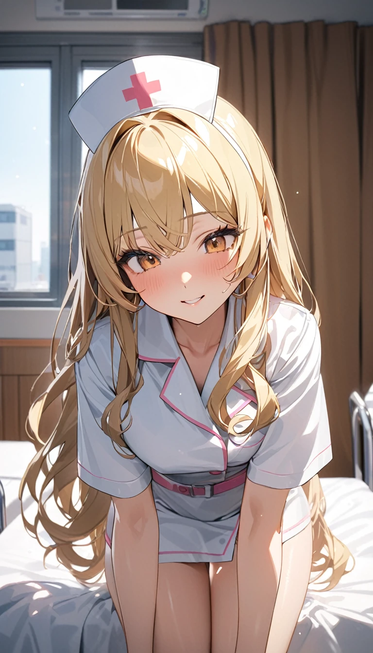 masterpiece,Highest quality,8k,Blonde,Hospital room,nurse,Bold Pose,Looking down at the bed,Shiny hair,Glossy skin,Japanese idol model,