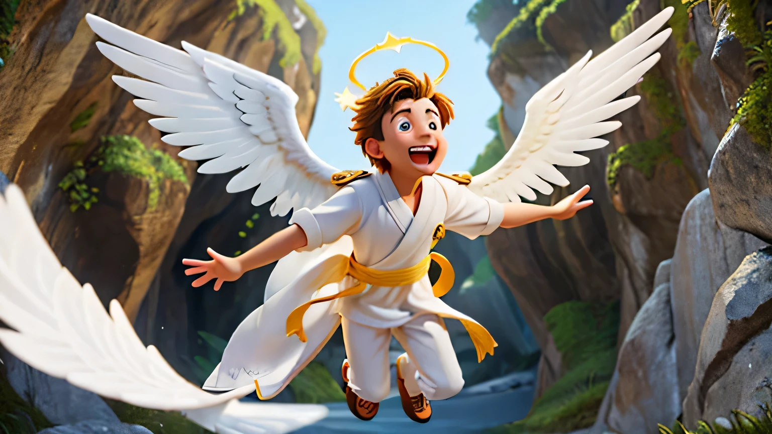 a happy angel, young man with cheerful expression, wearing a white robe, glowing yellow aura, flying gracefully near the entrance of a cave with a rock wall, detailed facial features, intricate feathered wings, vibrant colors, cinematic lighting, high quality, photorealistic, masterpiece, 4k, detail