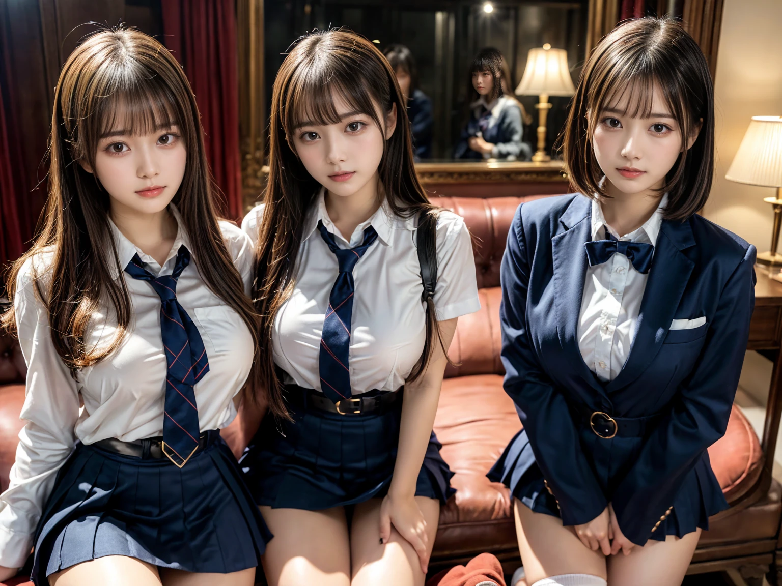 (8K, Raw photography, top-quality, masterpiece:1.2), master piece, best quality, illustration, Super detailed, fine details, High resolution, 8K,wall paper, perfect dynamic composition,(Details High quality, realistic depiction of eyes:1.3), ((2 girls, 2 schoolgirls)), The background is a luxury hotel room、High school girl uniform、blazer 、Super Short Check Uniform Skirt、Navy blue high socks、garterbelts、Colossal tits、Disturbed uniform, Play with each other,Touching each other's bodies,Touching the body of the girl next door, short bob hair, black hair color, huge breasts, Big Natural Color Lip, bold sexy pose, (perfect body shape), crying a little、cold gaze, Beautiful makeup,glitter makeup,Cutest 18 years old, beautiful legs, hposing Gravure Idol, Voluptuous thighs