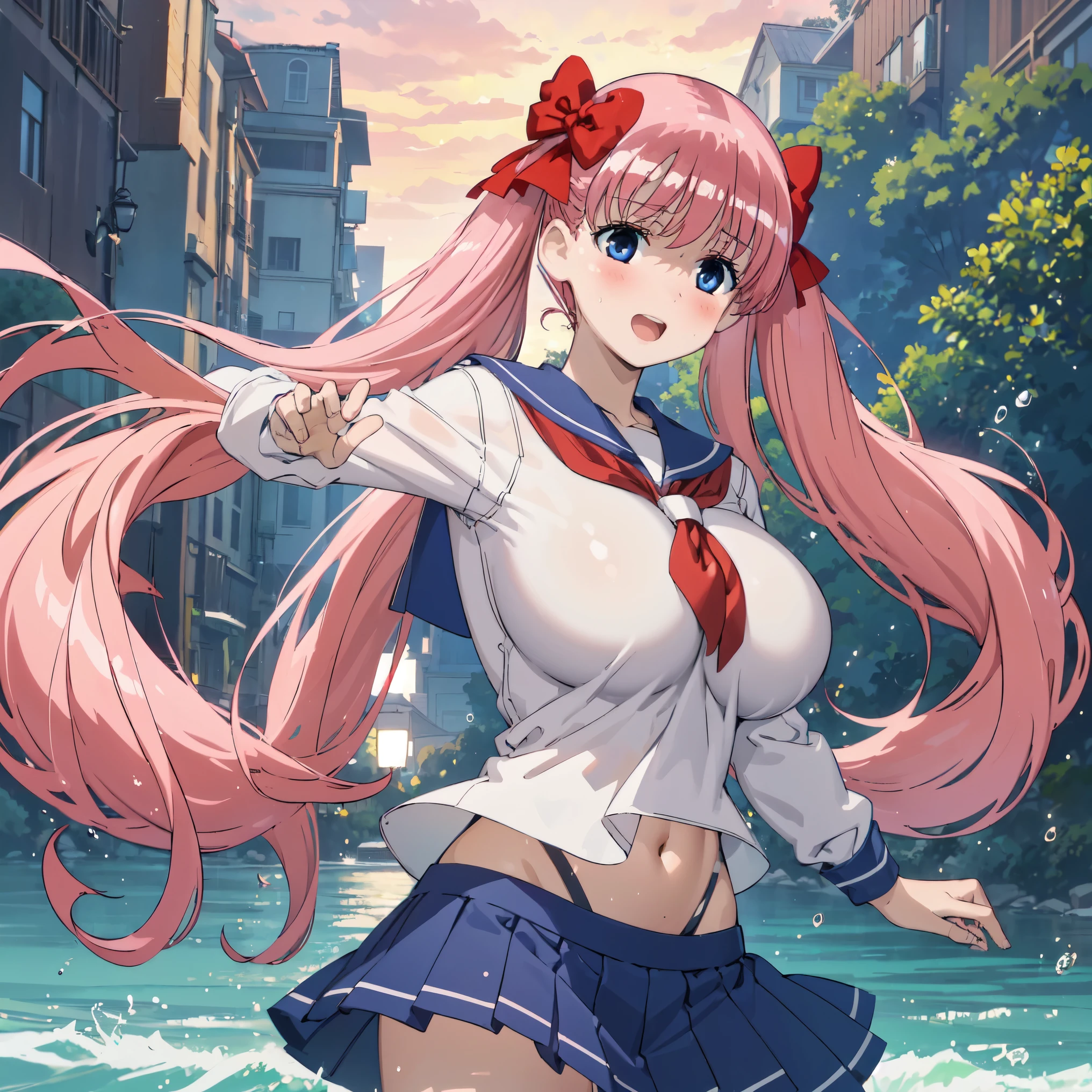 1women,  ((huge tits)),  outdoor, river, wet skin, ((busty)), pink hair, blue eyes, twintail hair, open mouth, hair ribbon, view at camera, upperbody, smile, closed eyes, sailor uniform, short skirt, blush face