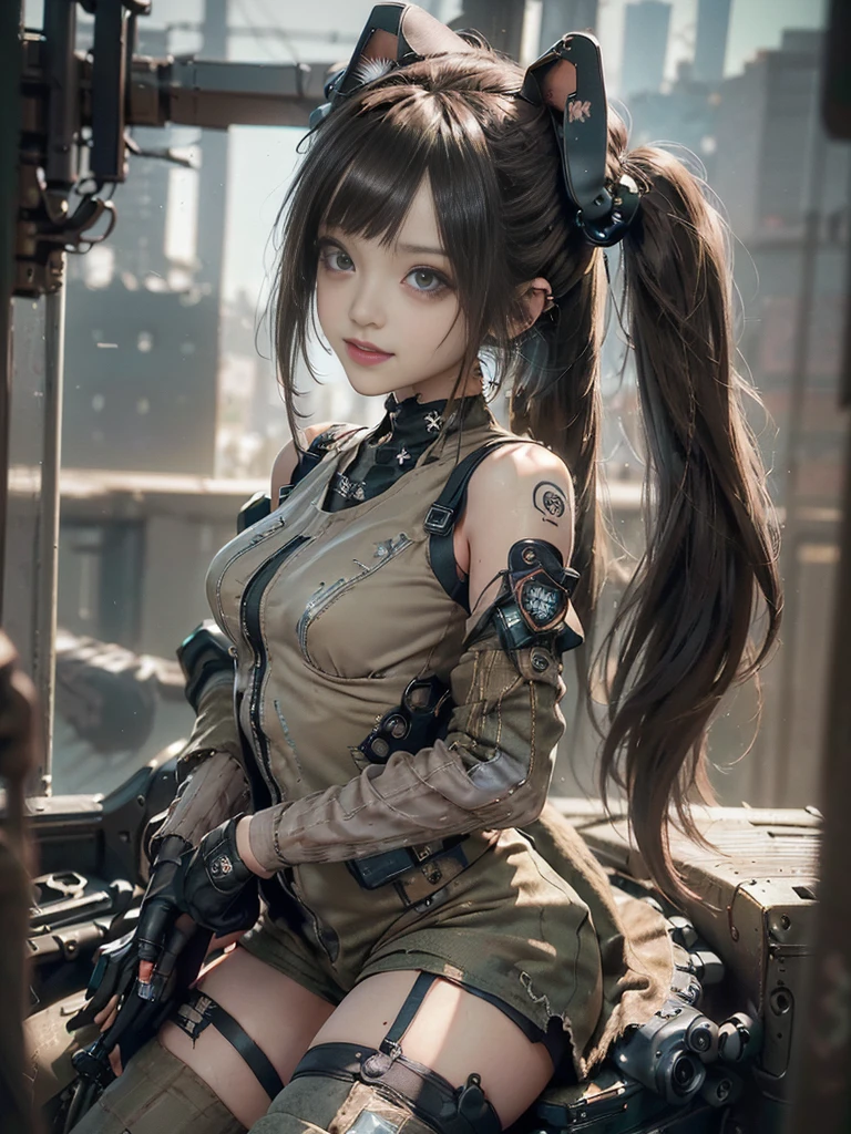 (Full Body View:1.2)、(Side view:1.1)、(Please smile with your teeth showing:1.4),(Shibuya Gal:1.5)、(Gothic ta style fashion:1.5)、(Tattered khaki and gray futuristic micro high leg bodysuit:1.5)、(Tattered Khaki and Beige Micro Fancy Sleeves:1.5)、(Tattered khaki micro shorts:1.5)、(Brown and khaki knee socks:1.3)、(camouflage:1.3)、(Military jacket:1.4)、Brown boots、Khaki gloves、internal、(The underwear is striped:1.4)、23 years old、(Posing as a gravure model:1.3)、((Highest quality、8k、masterpiece:1.3))、One girl、The beauty of slim abs:1.3、(Hairstyle Casual、Big Tits:1.1)、dress:1.1、Super small face、Narrow eyes、double eyelid、Laughter、Esbian all over body、Dynamic Angle、Close-up、CPL Filter、Blurred Background、Bokeh、Blue Hour、Detailed face and skin texture、Detailed Eyes,(Twin tails:1.3)、(Brown Hair:1.4)、Gravure idol pose、(The background is the cockpit of a futuristic weapon.:1.3)、(The body is slim:1.2),(Slim legs:1.4),(clavicle:1.1)