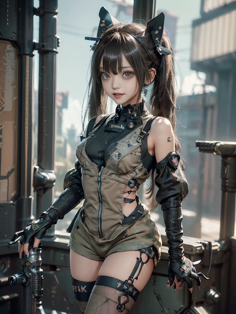 (Full Body View:1.2)、(Side view:1.1)、(Please smile with your teeth showing:1.4),(Shibuya Gal:1.5)、(Gothic ta style fashion:1.5)、(Tattered khaki and gray futuristic micro high leg bodysuit:1.5)、(Tattered Khaki and Beige Micro Fancy Sleeves:1.5)、(Tattered khaki micro shorts:1.5)、(Brown and khaki knee socks:1.3)、(camouflage:1.3)、(Military jacket:1.4)、Brown boots、Khaki gloves、internal、(The underwear is striped:1.4)、23 years old、(Posing as a gravure model:1.3)、((Highest quality、8k、masterpiece:1.3))、One girl、The beauty of slim abs:1.3、(Hairstyle Casual、Big Tits:1.1)、dress:1.1、Super small face、Narrow eyes、double eyelid、Laughter、Esbian all over body、Dynamic Angle、Close-up、CPL Filter、Blurred Background、Bokeh、Blue Hour、Detailed face and skin texture、Detailed Eyes,(Twin tails:1.3)、(Brown Hair:1.4)、Gravure idol pose、(The background is the cockpit of a futuristic weapon.:1.3)、(The body is slim:1.2),(Slim legs:1.4),(clavicle:1.1)
