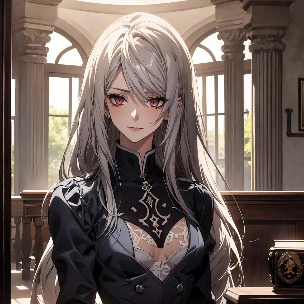 (Confused, High resolution, Very detailed), 1 female, Silver Hair,Long Hair,Crimson Eyes,Dark suit,secretary,Knot,24th generation,Beautiful woman,mature,thin,quiet,Calm,Small breasts,A small smile,Reception room,