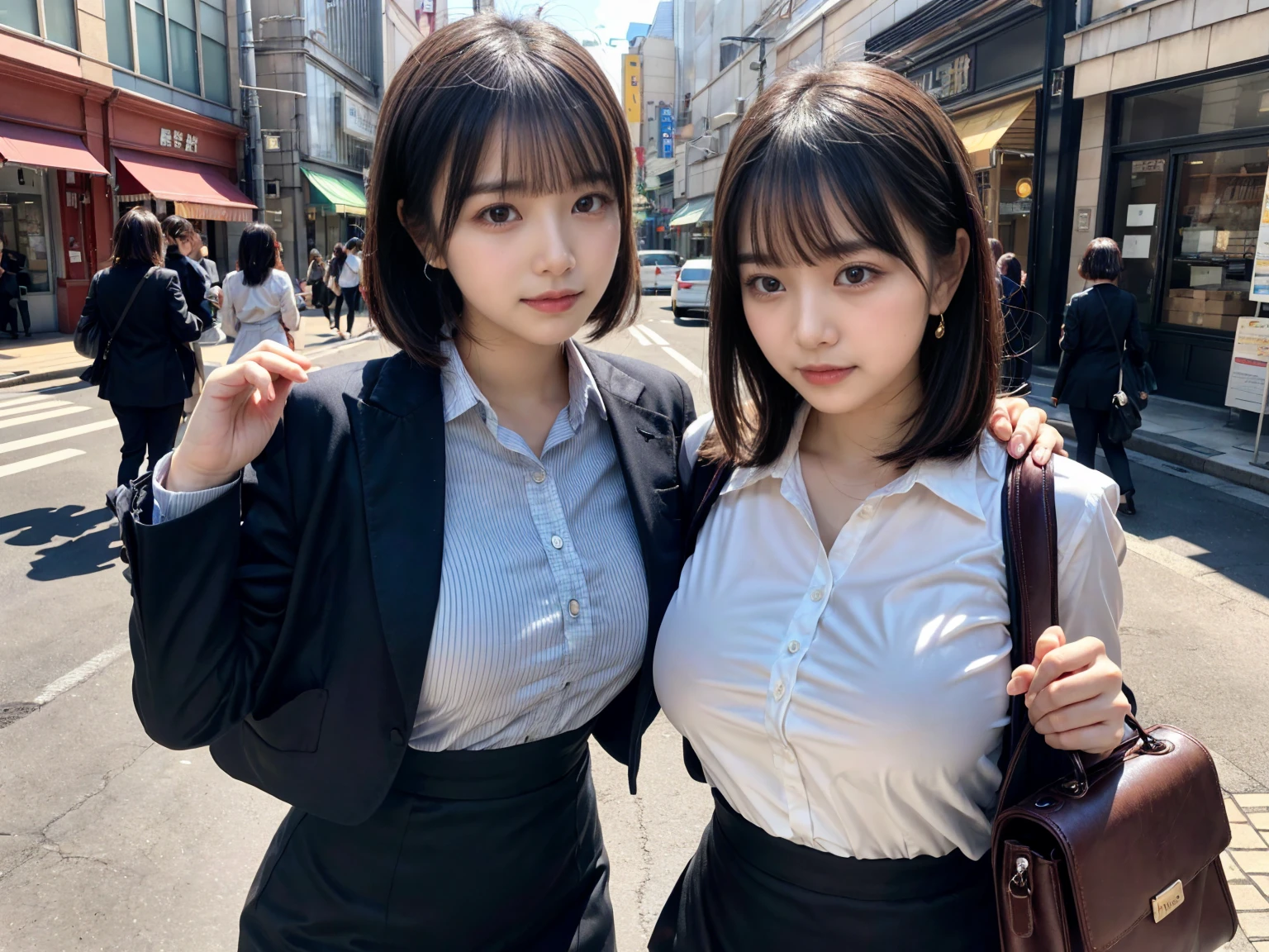 (Surrealism, RAW photo, Nikon, 8k, super detail, masterpiece, intricate details, realistic lighting), 
(anatomically correct, very accurate human body, highly detailed face, realistic skin, realistic), 
(2 girls, 16 years old, Japanese girls, slim waist and busty body, Slender long legs, large breast, baby face, affectionate cute, surreal woman), 
(round face, black hair, short bob cut, bangs, Down-slating eyebrows, Moist eyes, one little earring, light blush), 
((random elegant pose)), 
(look at camera, stare at viewer:1.3), 
((offce worker, Tight skirts, blouses, jackets, business bags)), 
(tokyo, Main street, many office workers coming to work on background), 
Natural lighting, full length, whole body, 
