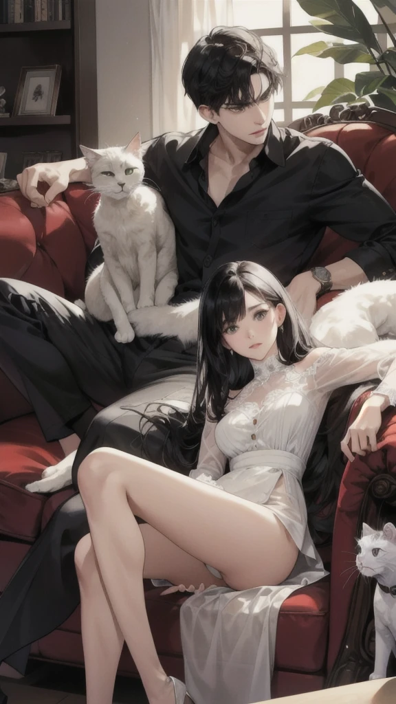 A young Caucasian man and a young Caucasian girl sit on a sofa in an apartment with several cats.., black hair, high resolution, best quality, Anatomically correct, details, detailsสูง, detailsมาก, high resolutionสุด, โมเดลhigh resolution,
