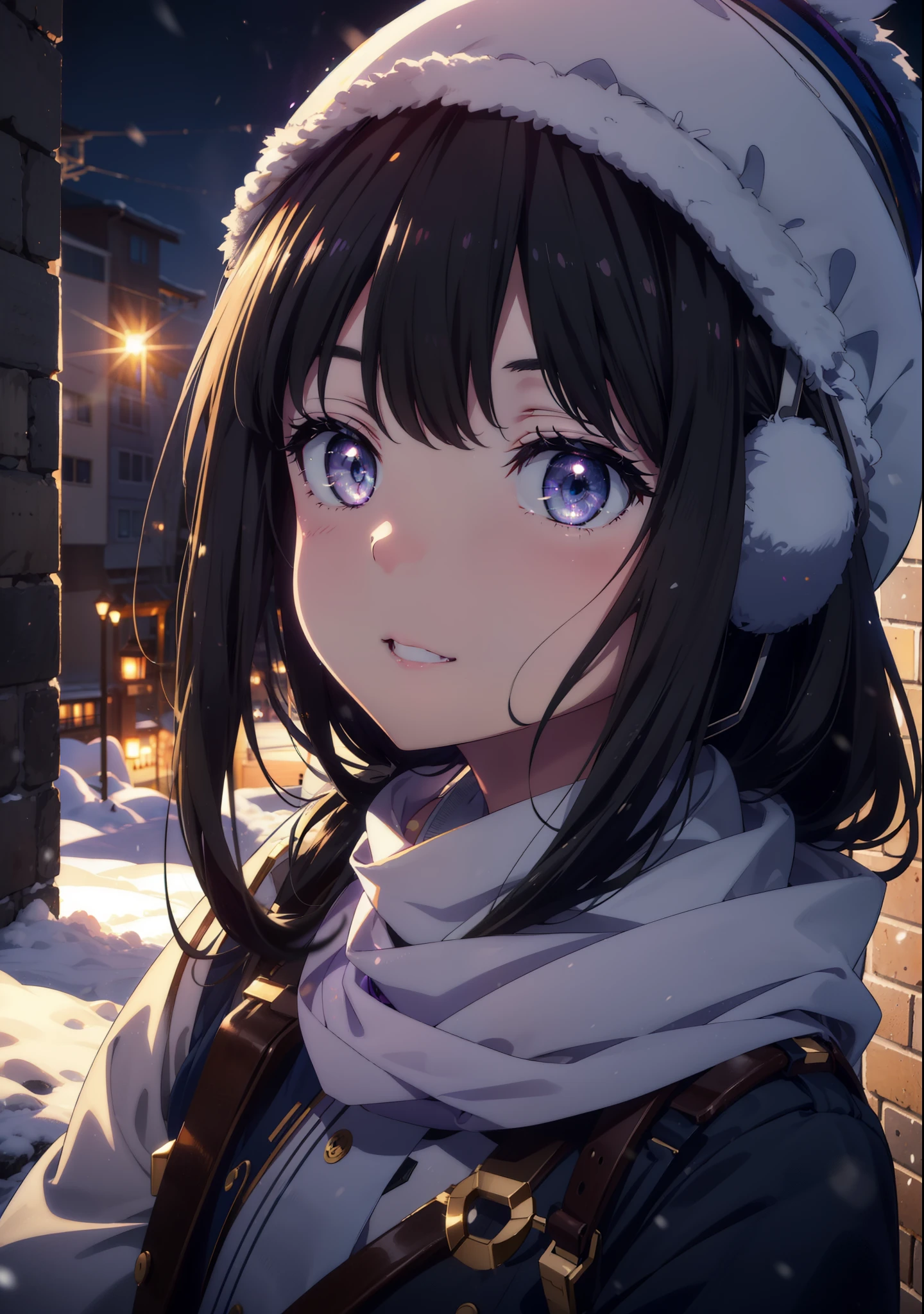 Takiuchikami,Long Hair, bangs, Black Hair, (Purple eyes:1.2),happy smile, smile, Open your mouth,Knitted hat,Earmuffs,Blue oversized coat,White scarf,Long skirt,Black pantyhose,short boots,snowが積もっている,snowが降っている,winter,Cold Sky,night,moonlight,snow,snow,snow,snow,whole bodyがイラストに入るように,Walking,
break looking at viewer, whole body,
break outdoors, city,construction area,
break (masterpiece:1.2), highest qualそれy, High resolution, unそれy 8k wallpaper, (shape:0.8), (Beautiful and beautiful eyes:1.6), Highly detailed face, Perfect lighting, Extremely detailed CG, (Perfect hands, Perfect Anatomy),
