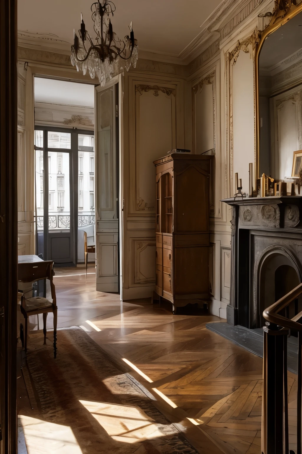 the apartment,in Paris,in 1830,tattered,very old,two-story building,with well,realistic picture
