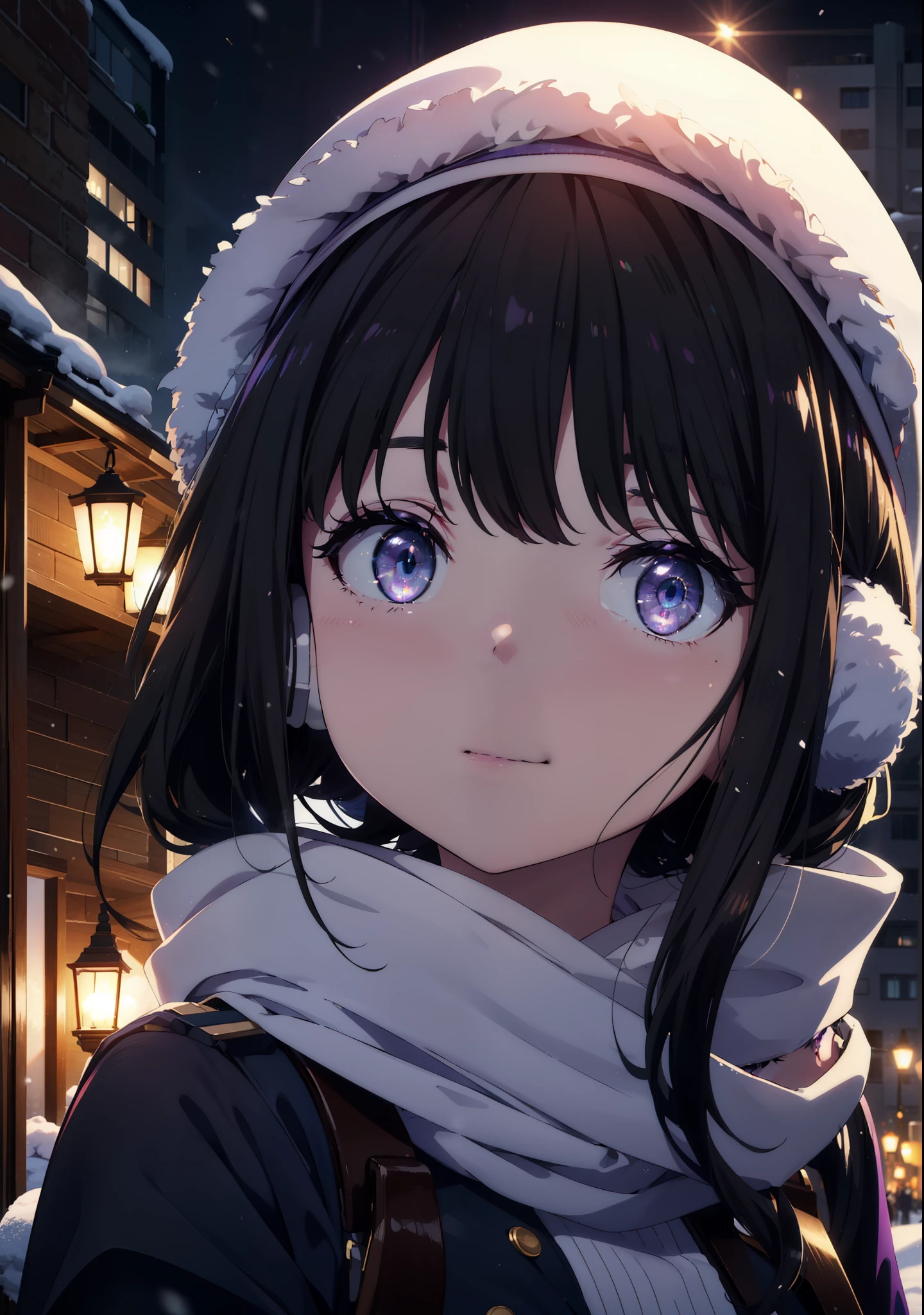 Takiuchikami,Long Hair, bangs, Black Hair, (Purple eyes:1.2),happy smile, smile, Open your mouth,Knitted hat,Earmuffs,Blue oversized coat,White scarf,Long skirt,Black pantyhose,short boots,snowが積もっている,snowが降っている,winter,Cold Sky,night,moonlight,snow,snow,snow,snow,whole bodyがイラストに入るように,Walking,
break looking at viewer, whole body,
break outdoors, city,construction area,
break (masterpiece:1.2), highest qualそれy, High resolution, unそれy 8k wallpaper, (shape:0.8), (Beautiful and beautiful eyes:1.6), Highly detailed face, Perfect lighting, Extremely detailed CG, (Perfect hands, Perfect Anatomy),