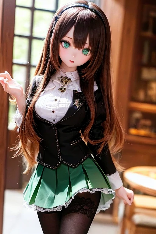 (SFW:2), photorealistic, realistic photo, 8k, ((highest quality)), ((masterpiece)), (extremely detailed), kukolnydom, doll, (mature woman, 21yo, 21 years old, solo:1.6), ((cowboy shot, standing, head tilt, slim, slender, skinny, medium breasts, hairband, ascot, blouse, long puff sleeves, pleated skirt, black pantyhose)), (green eyes, brown hair, long hair, plastic skin, looking at another, glass eyes, gradient eyes, shining eyes, detailed eyes:1.3)