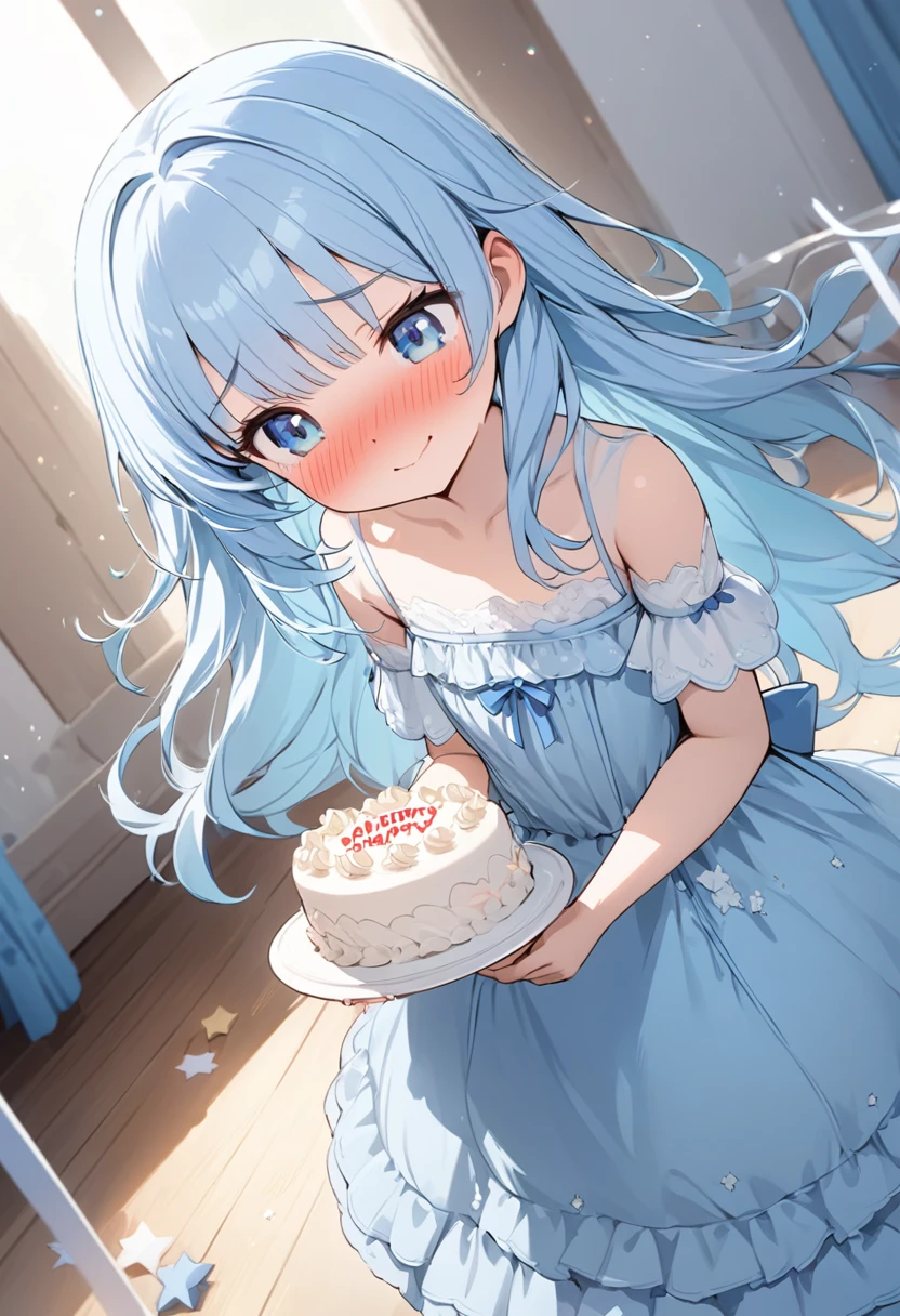 masterpiece, best quality, extremely detailed, (illustration, official art:1.1), 1 girl ,(((( light blue long hair)))), ,(((( light blue long hair)))),light blue hair, , long hair ((blush)) , cute face, big eyes, masterpiece, best quality,(((((a very delicate and beautiful girl))))),Amazing,beautiful detailed eyes,blunt bangs((((little delicate girl)))),tareme(true beautiful:1.2), sense of depth,dynamic angle,,,, affectionate smile, (true beautiful:1.2),,(tiny 1girl model:1.2),)(flat chest),shy， holding a cake with stars. birthday. present. Gray shoes. month for a dress. blue lolita dress,(((Embarrassed)))
