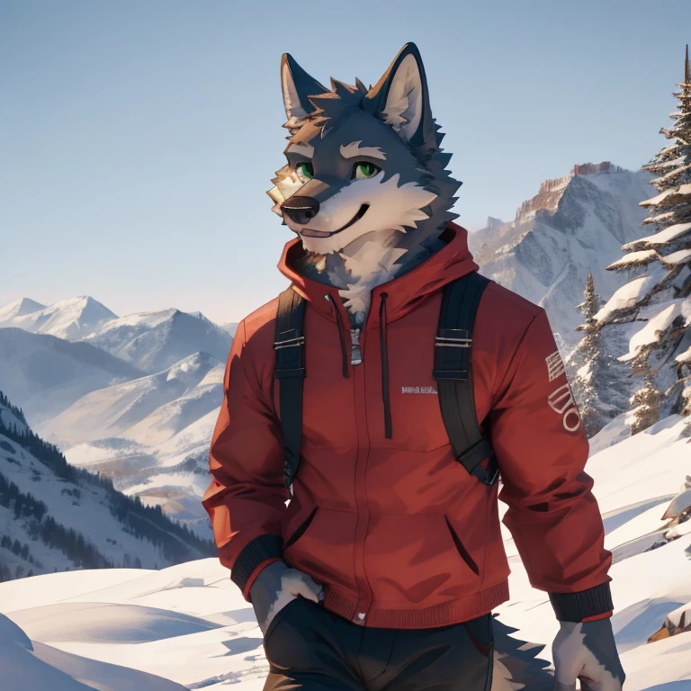 Masterpiece, best quality, high quality, 1Wolf anthro boy, Solo, Grey fur on his body, Green eyes, on a mountain, wears Winter Hicking clothes, morning sun above the mountains, walking, happy expression, high detail, atmospheric perspective, UHD, masterpiece, 4K, super detail, highres, high details