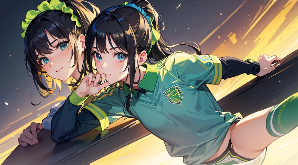 (8k、Ultra-high resolution、Highest quality、masterpiece、Ultra-high resolution,Super detailed),Highly detailed facial features,A girl with a ponytail wearing a light green soccer uniform smiling at the viewer at school in the evening,Blue Scrunchie,Blue socks,Black Hair,Best Shadow, Beautiful and perfect face, Perfect Eyes,whole body