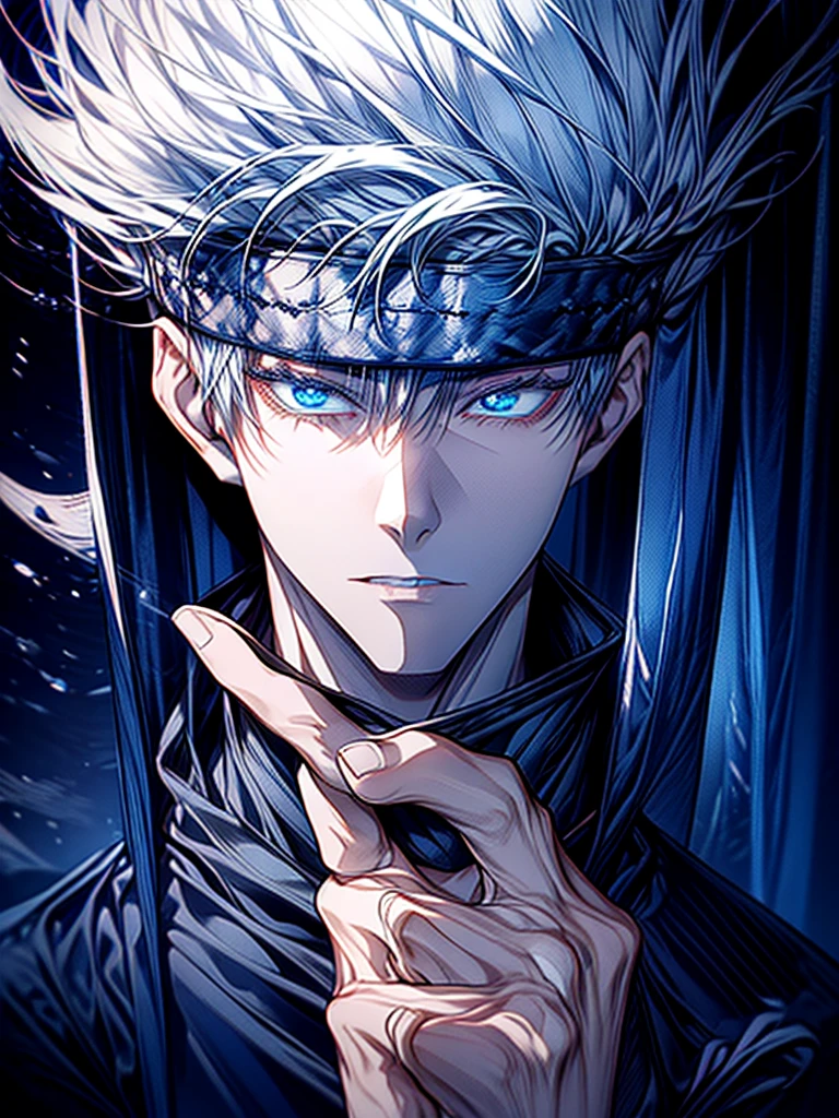 Gojo Satoru、Jujutsu Kaisen、Gray Hair、No blindfold、Handsome、Handsome、tall、Model-like body、beautiful、Shining Blue Eyes、Super detailed、masterpiece、Highest quality